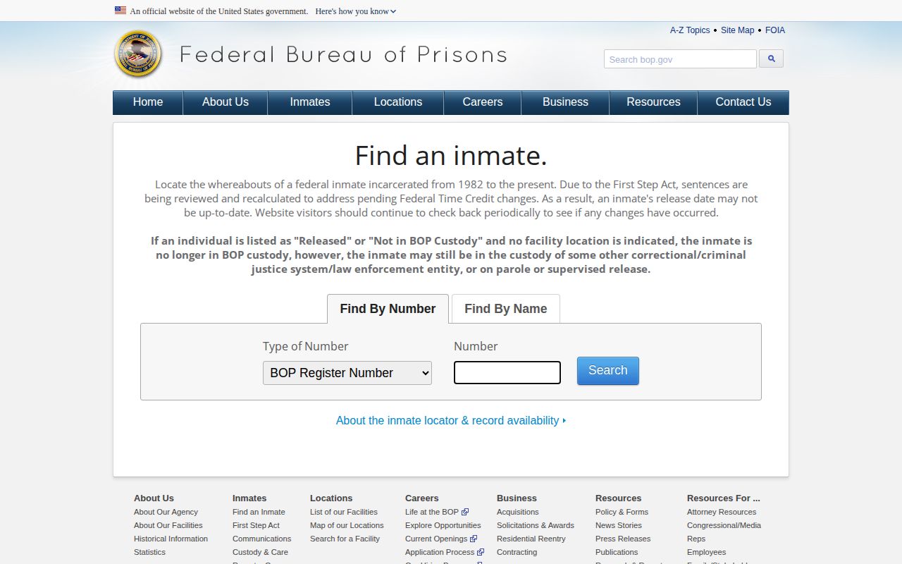 Federal BOP locator for a Sussex County federal release check