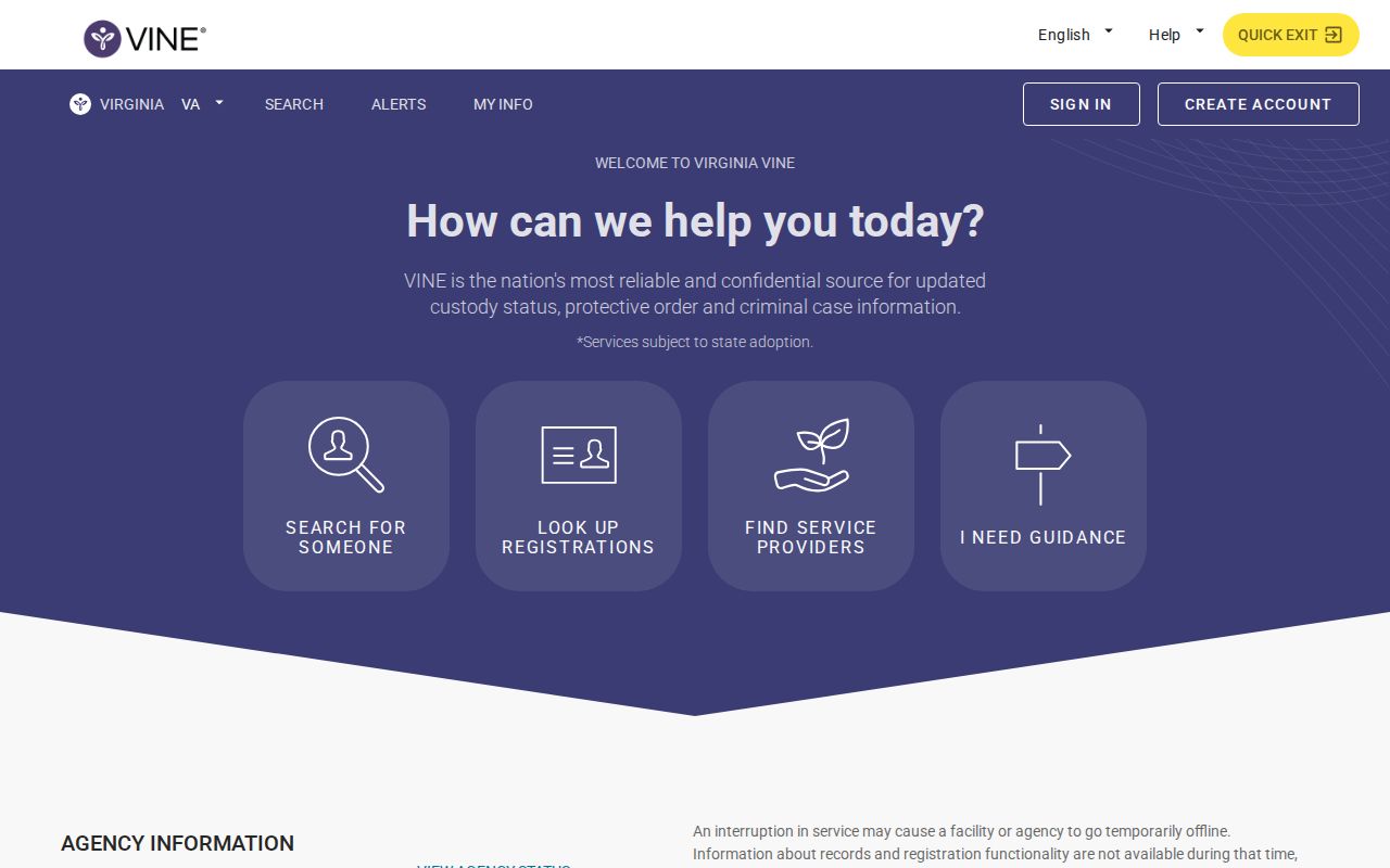 Virginia Jail VINE screen for a Sussex County inmate check