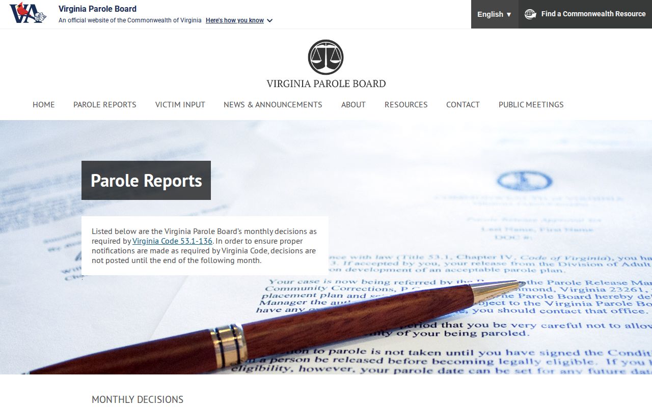 Virginia Parole Board decisions used to verify Sussex County parole status