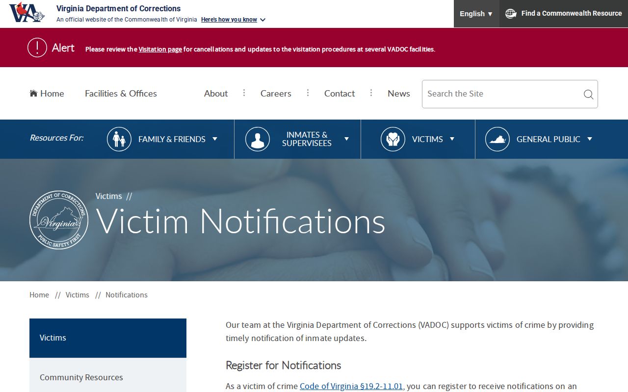 NAAVI state custody release notification channel for Sussex County VADOC cases